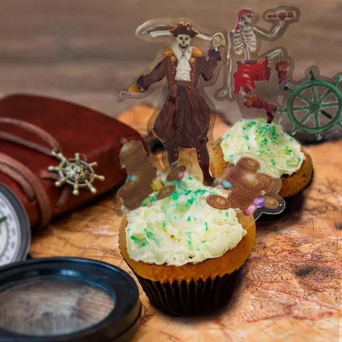 Miniatura 8 de Cheerland 24 piezas de decoración de esqueletos piratas para magdalenas, Halloween, caribeño, pirata, decoración de tartas, calavera, esqueleto