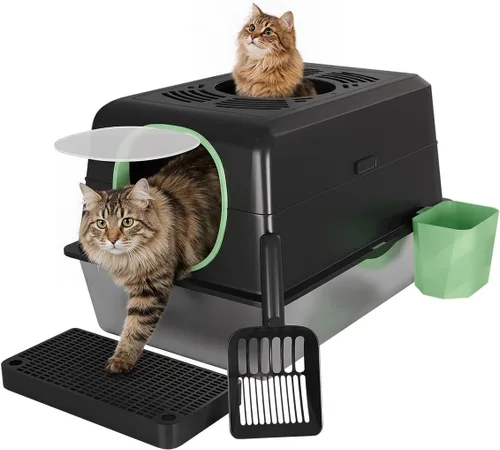 Caja de arena XL de acero inoxidable para gatos con tapa, diseño cerrado de entrada superior, caja de arena grande de metal para gatos equipada con