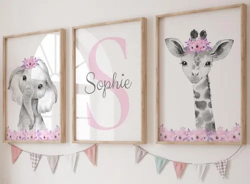 Juego de 3 pósteres de animales de safari para niñas, habitación del bebé, sin marco, con nombre personalizado, flores rosas o moradas, decoración