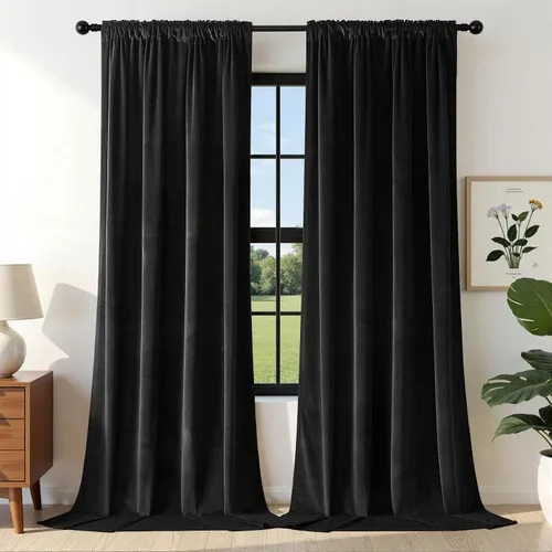 Miniatura 28 de Joydeco Cortinas de terciopelo negro de 63 pulgadas de largo, 2 paneles, cortinas opacas de lujo con bolsillo para barra, cortinas de ventana