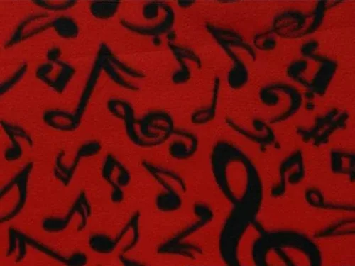 Tela de lana impresa Anti Píldora Negro Notas Musicales - Fondo ROJO