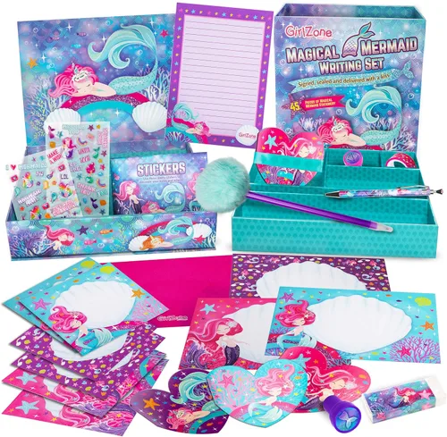 GirlZone Juego de papelería de sirena, 45 piezas, papel blanco, juego de escritura de sirena y kit de escritura de letras para niños