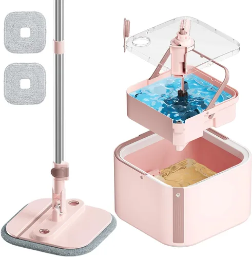 Miniatura 18 de Juego de trapeador giratorio y cubeta con 2 almohadillas de trapeador de microfibra reemplazables con sistema de separación automática de agua sucia