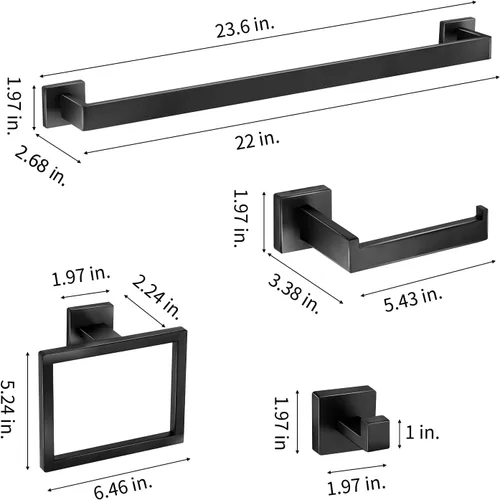 Miniatura 4 de Juego de accesorios de baño de 5 piezas, color negro mate, toallero montado en la pared, soporte para papel higiénico, ganchos de acero inoxidable