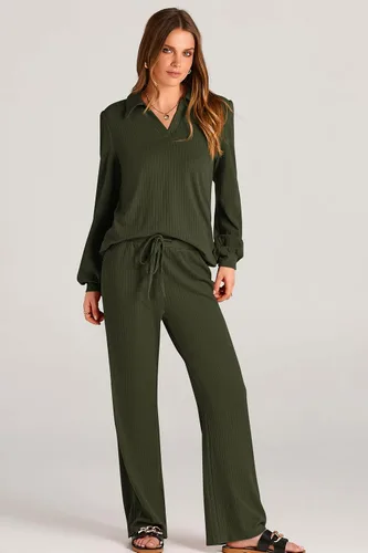 Miniatura 4 de PRETTYGARDEN Conjunto de dos piezas de ropa de otoño para mujer, manga larga, solapa, cuello en V, blusas, pantalones de pierna ancha, chándal