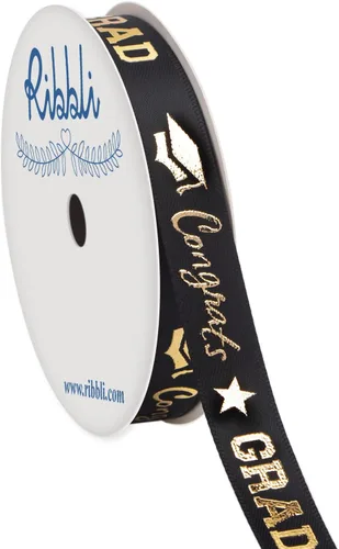 Ribbli Cinta de graduación, cinta de satén negra y dorada de felicitaciones para envolver regalos, decoración de fiesta de graduación, 1/2 pulgada x