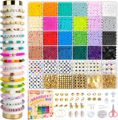 JQEEYGV Kit de 5500 cuentas de arcilla para hacer pulseras, 24 colores, cuentas planas, para pulseras de amistad, con cuentas de letras, juego de