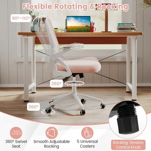 Miniatura 6 de COSTWAY Silla de oficina, cómoda silla giratoria de escritorio con altura ajustable y reposabrazos abatibles, sillas ergonómicas de malla para Rosa