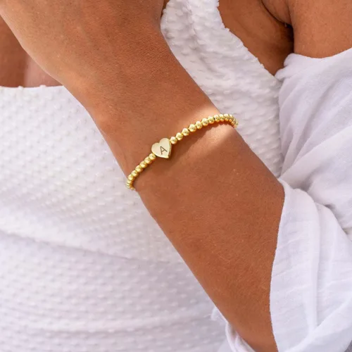 Miniatura 5 de Pulseras de oro para mujer, chapados en oro de 14 quilates, con cuentas de corazón con letras de corazón, pulsera elástica con iniciales doradas