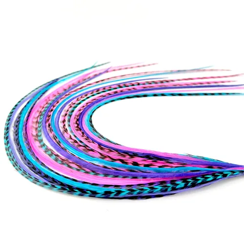 Miniatura 10 de 21 extensiones de cabello de color azul, kit de gallo de 9 a 14 pulgadas de largo, con 20 cuentas de microenlace, plumas 100% reales, estilo bohemio