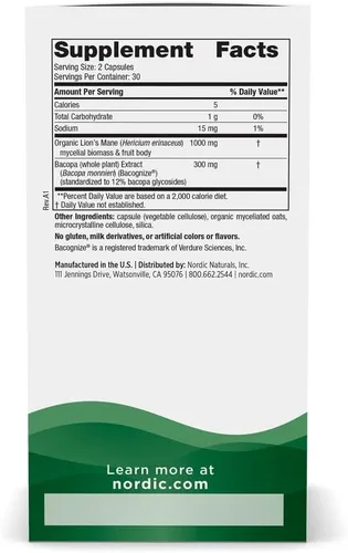 Miniatura 2 de Nordic Naturals Cognition Complejo de hongos, sin sabor, 60 cápsulas, apoyo para el cerebro, la memoria y el estado de ánimo, mezcla de hongo melena