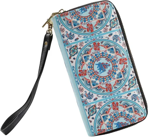 Miniatura 3 de LATH.PIN Cartera bohemia con bloqueo RFID, bolso de lona con patrón de elefante con bolsillo para monedas y correa