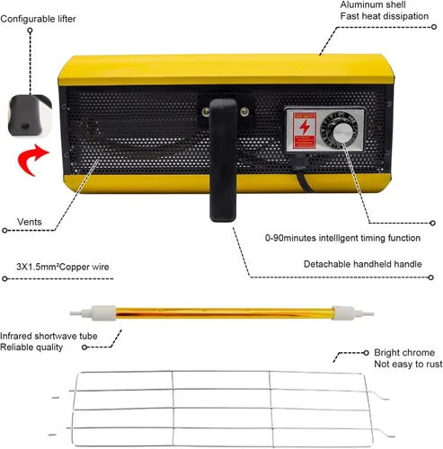 Miniatura 3 de DATOU BOSS Lámpara de curado de pintura infrarroja 2000 W 110 V con temporizador inteligente Lámpara de curado de pintura infrarroja portátil