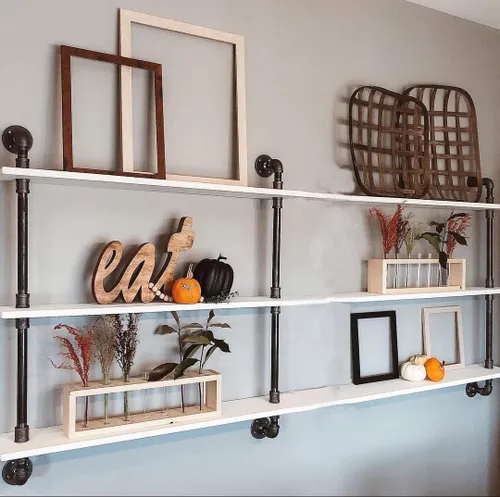 Miniatura 36 de HDDFER - Estantería industrial para tuberías rústicas en blanco, estantes de pared de tubería industrial con tablas de madera, estantes flotantes