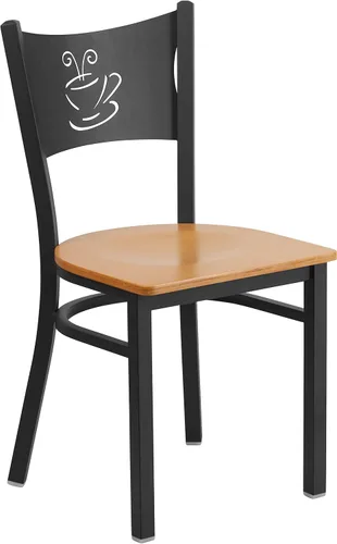 Flash Furniture Silla de restaurante de metal con respaldo de café negro de la serie HERCULES - Asiento de madera natural Asiento de madera