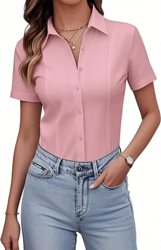Miniatura 15 de Siliteelon Camisetas de Botón para Mujer, Ajustadas, de Manga Corta, Elásticas, Camisa de Vestir, Sin Arrugas, Sólida, Blusa de Trabajo