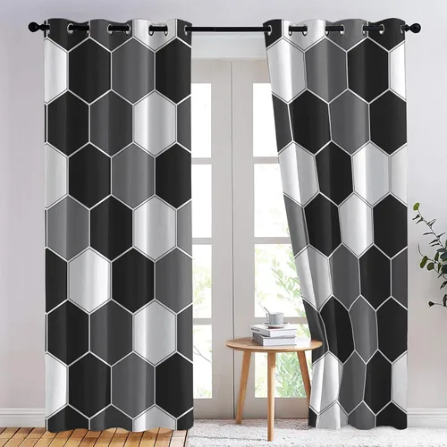 Miniatura 3 de Cortinas hexagonales blancas y negras, cortinas opacas geométricas para dormitorio, cortinas de ventana modernas, cortinas abstractas llamativas