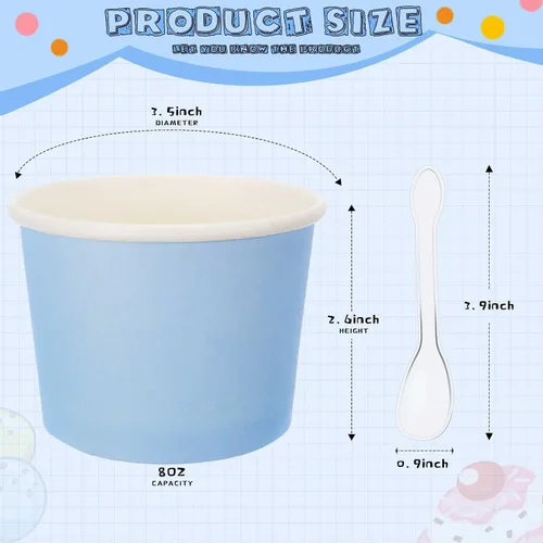 Miniatura 2 de Cunhill 100 tazas de helado de 8 onzas con 100 cucharas, recipientes de helado de color sólido, tazas de helado desechables, tazones de yogur, Azul