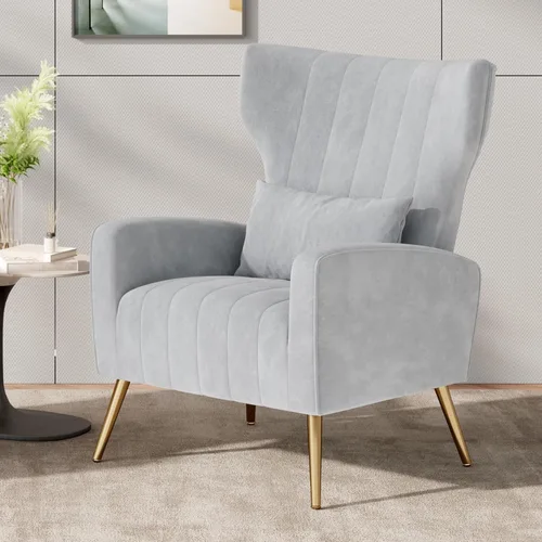 Miniatura 13 de Nalupatio Sillas decorativas de terciopelo, moderno sillón con respaldo alto con almohada lumbar, sillón tapizado de respaldo alto con patas de Beige