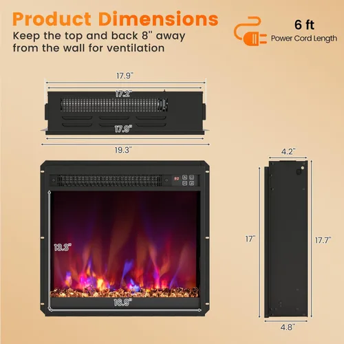 Miniatura 5 de Tangkula Inserto de chimenea eléctrica de 18 pulgadas, calentador de chimenea empotrado de 1500 W con control remoto, temporizador de 0.5 a 9 horas