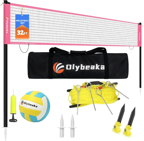 Miniatura 11 de Sistema de red de voleibol portátil de tamaño reglamentario de 32 pies para patio trasero y playa con postes de altura ajustable, voleibol