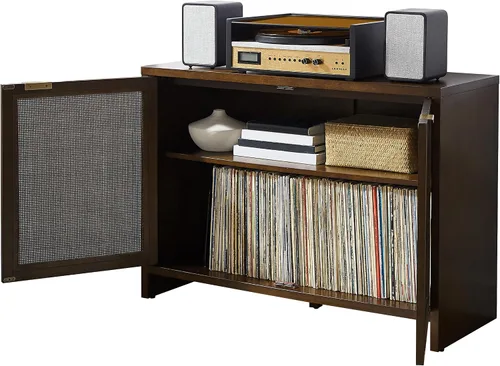 Miniatura 21 de Crosley Furniture Kenji - Armario para tocadiscos con almacenamiento de vinilo, soporte multimedia, organizador moderno para el hogar
