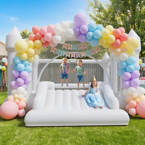 Miniatura 8 de Hapfan Casa inflable blanca para niños grandes, castillo animoso grande de 15 x 12 pies con soplador, tobogán más ancho y aro de baloncesto