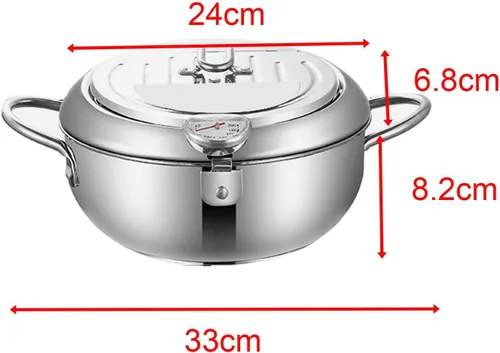 Miniatura 4 de Olla de acero inoxidable, sartén de aceite con termómetro, freidora de fondo plano desmontable de 7.9 in/9.4 in para anillos de calamar perfectos