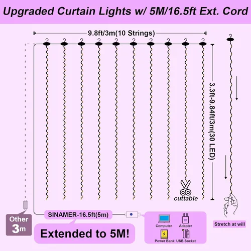 Miniatura 5 de Luz de Cortina Morada para Dormitorio, 300 LED 9.8 pies x 9.8 pies Luz de Cortina de Hadas para Ventana con 16 Ganchos, Control Remoto de 8 Modos