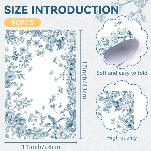 Miniatura 2 de 50 paquetes de manteles de papel con diseño de flores y pájaros, desechables, azules y blancos, manteles de papel floral de 11 x 17 pulgadas