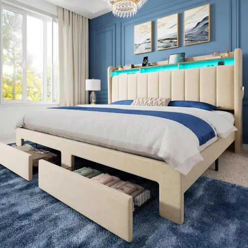 Miniatura 18 de Allewie - Base de cama con plataforma de tamaño Queen, tapizada, con cabecero acolchado con botones verticales, 2 niveles de almacenamiento con Gris