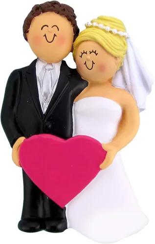 Miniatura 4 de Adorno personalizado de casado de nuestra primera Navidad 2025 Nombre y año personalizados Recuerdo de boda rubia de novia y novio morena Boda
