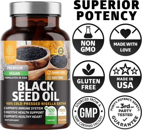 Miniatura 3 de Number One Nutrition Aceite de semilla negra N1N Premium [fuerza máxima, 1000 mg] 100% prensado en frío Nigela Sativa para apoyar la digestión