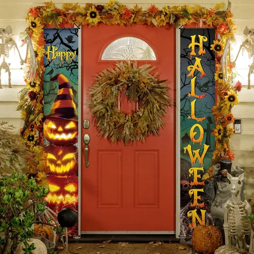 Miniatura 6 de Tiamon 2 pancartas para puerta de Halloween, letreros de calabaza malvada y sombreros de bruja para puerta delantera, pared, porche y decoración