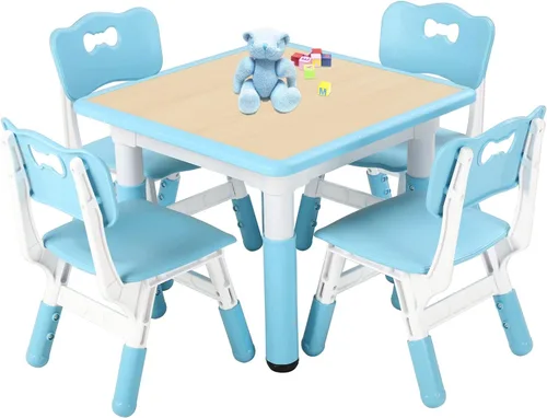 FUNLIO Juego de mesa y 4 sillas para niños, juego de mesa y sillas ajustables en altura para niños de 3 a 8 años, mesa fácil de limpiar para Azul