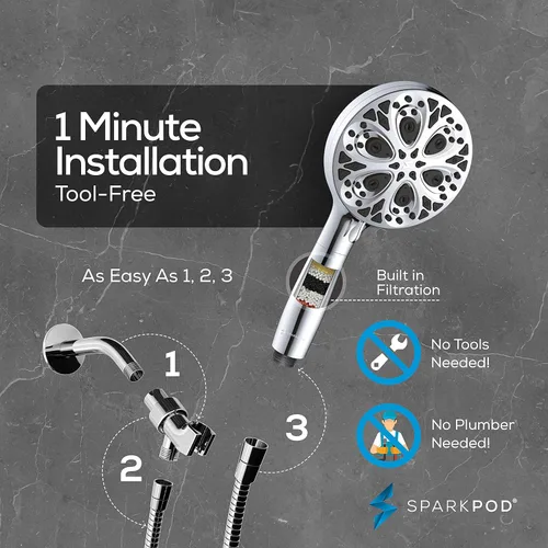 Miniatura 7 de SparkPod Cabezal de ducha de mano de 10 modos con filtro - Cabezal de ducha filtrado de alta presión de 5" con boquillas de limpieza táctil, chorro