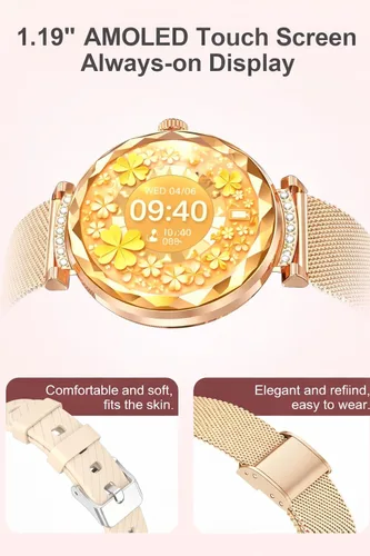 Miniatura 2 de Reloj inteligente para mujer, pantalla táctil AMOLED HD de 1.19 pulgadas, rastreador de fitness, hacer/responder llamadas, monitor SpO2