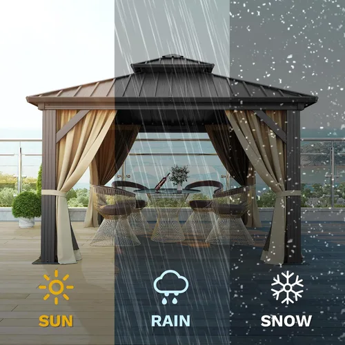 Miniatura 3 de DWVO Gazebo de techo rígido de 10 x 10 pies, techo doble con redes y cortinas, techo de rayas verticales de acero galvanizado resistente para patio