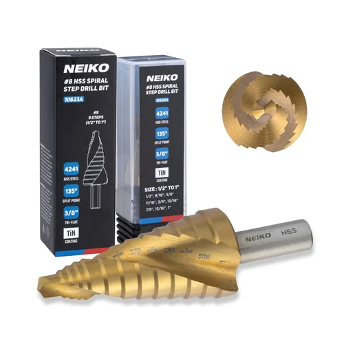 Miniatura 11 de NEIKO 10602A Step Drill Bit, 13 Steps 1/8" to 1/2" Spiral High Speed Steel, Titanium Nitride Coated, 1/4" Quick Change Step Bits for Steel, Metal