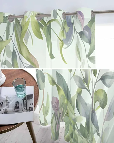 Miniatura 5 de Cortinas traslúcidas de eucalipto verde de 63 pulgadas de largo, juego de 2 paneles de cortinas para cocina, dormitorio, sala de estar, puerta