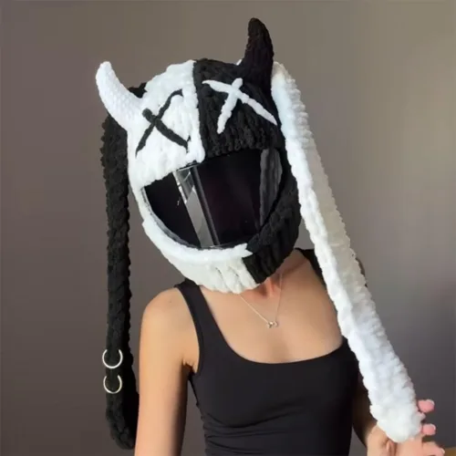 Miniatura 8 de Lindas fundas para casco de motocicleta con orejas de gato/conejo, cubierta de decoración de casco de cara completa divertida de felpa, gorro
