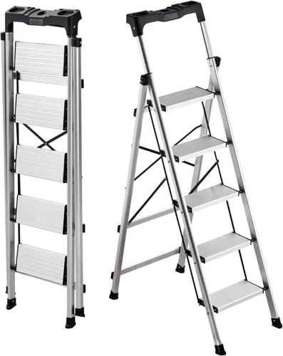 Miniatura 11 de VEVOR Escalera plegable de acero de 1 escalón de 330 libras de capacidad, altura ajustable, taburete antideslizante y resistente para adultos, niños