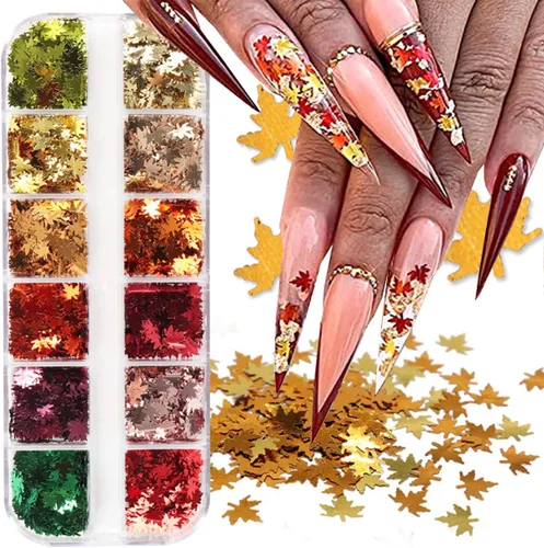 Miniatura 21 de Lentejuelas de uñas con purpurina de otoño, hojas de arce, copos de purpurina holográfica, hojas de arce holográficas, purpurina para uñas, diseño