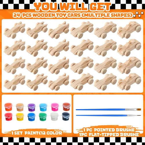 Miniatura 4 de Lenwen 24 piezas de autos de carreras de madera para bricolaje, autos de carreras de madera sin terminar con pintura acrílica de 12 colores, juego