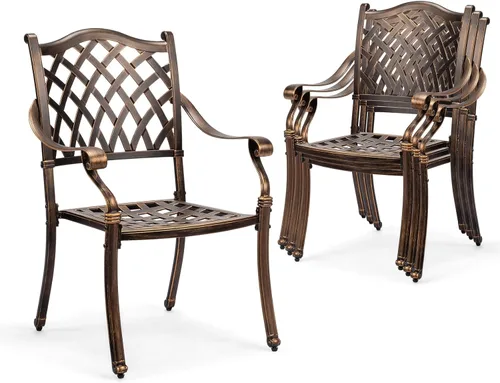 Miniatura 15 de VINGLI Juego de 2 sillas de patio apilables de aluminio fundido para exteriores con acabado negro vintage y patrón floral, sillones de metal