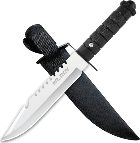 Cuchillo Wlikn de hoja fija con vaina, cuchillo Bowie de supervivencia de 5 pulgadas con filo de un solo lado, mango antideslizante, para camping,