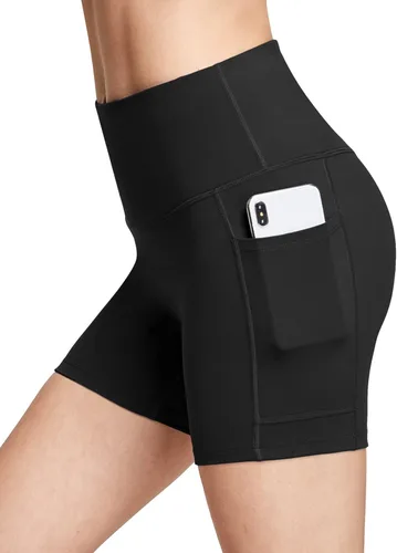 BALEAF - Pantalones cortos de ciclista de cintura alta de 875pulgadas, para yoga, correr, voleibol, entrenamiento, gimnasio, con bolsillos, para