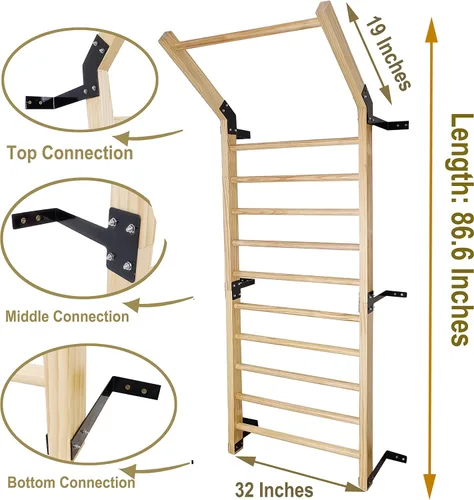 Miniatura 2 de FC FUNCHEER Escalera sueca, barra de gimnasia para montar en la pared, de madera maciza con 11 varillas estratégicas, 86.6 pulgadas de alto, 32