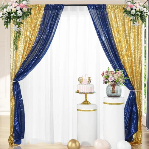 Miniatura 4 de 4 paneles de cortina de lentejuelas doradas y azules de 2 x 8 pies, cortinas de fondo de lentejuelas con purpurina para decoración de fiestas