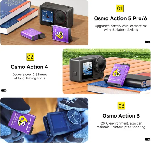 Miniatura 5 de Batería de 2250 mAh para Osmo Action 6, 2 baterías de repuesto, compatible con Osmo 360, Osmo Action 6, Osmo Action 5 Pro, Osmo Action 4, Osmo